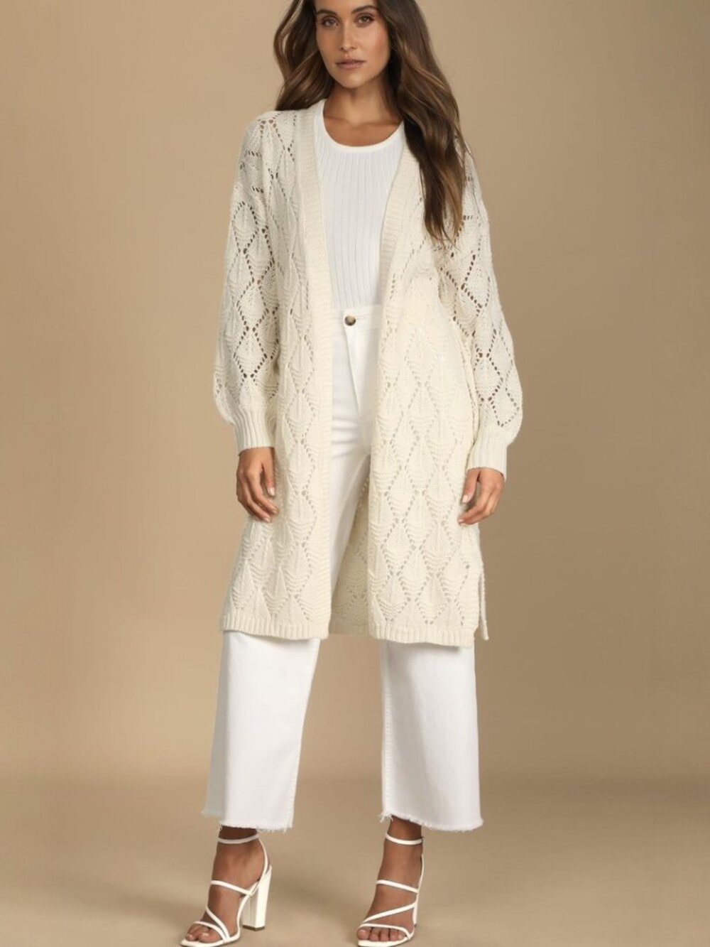 Lulus Points to Cozy Ivory Pointelle Knit Cardigan Sweater​ NWT